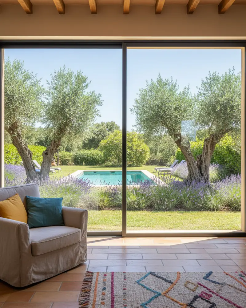 Grandes baies vitrées d’une villa provençale à Aix-en-Provence protégées par un film solaire neutre